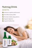 Woman lying in bed with Nutmeg Drink bottles and ingredients, highlighting benefits on a white background.